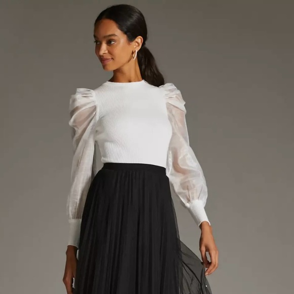 Anthropologie Tops - ANTHROPOLOGIE DOLAN White Sheer Puff Sleeve Ribbed Top